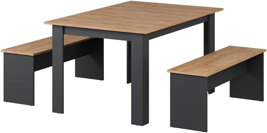 Set di tavoli da pranzo Sentio, Antracite/quercia dorata, 137.6 x 92.8 cm con 2 panche, per un utilizzo salvaspazio in sala da pranzo e cucina
