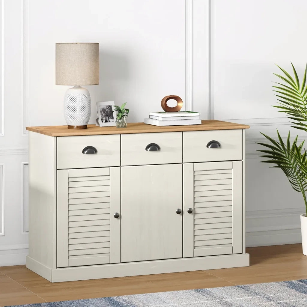 Credenza | Madia | Buffet da pranzo | Armadio da pranzo Cassetti VIGO 113x40x75 cm Legno Massello Pino Bianco