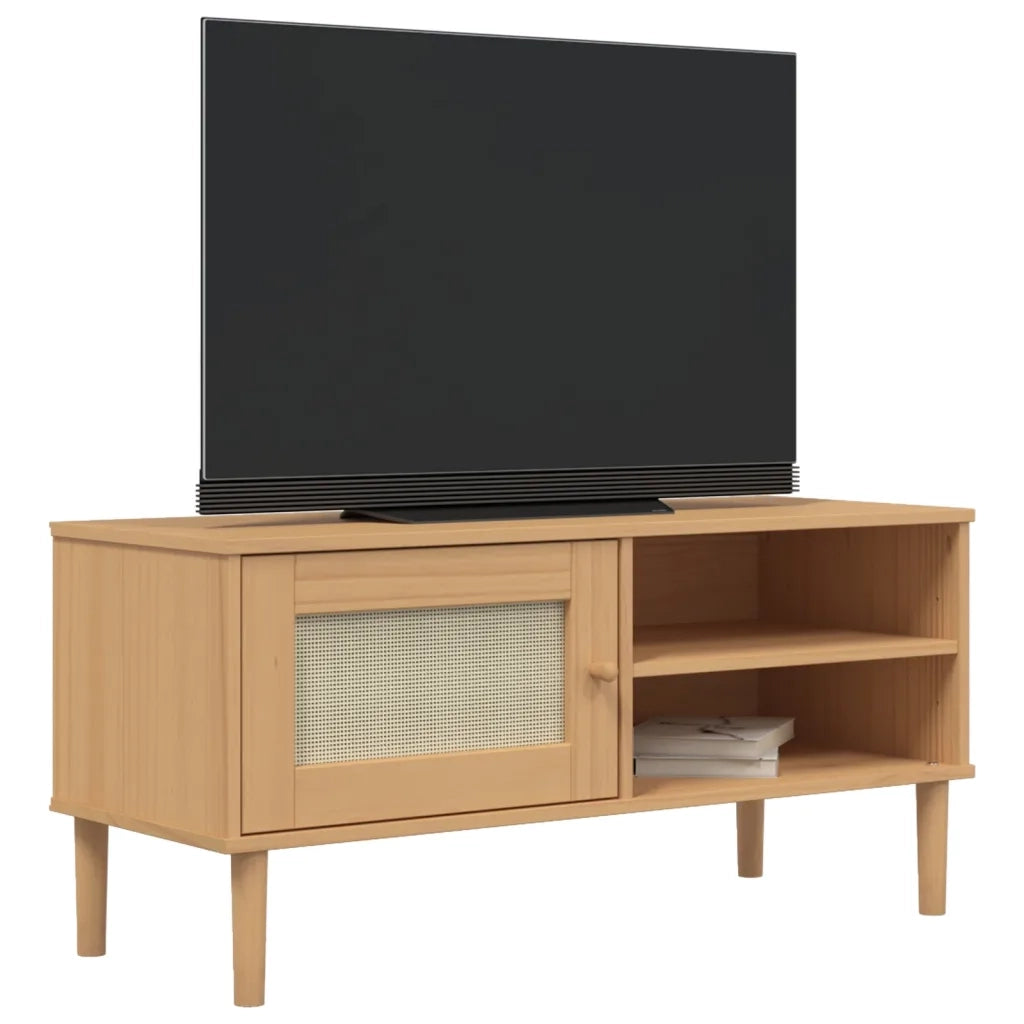 Mobile TV-Credenza per TV-Console TV SENJA Aspetto Rattan Marrone 106x40x49 Massello Pino