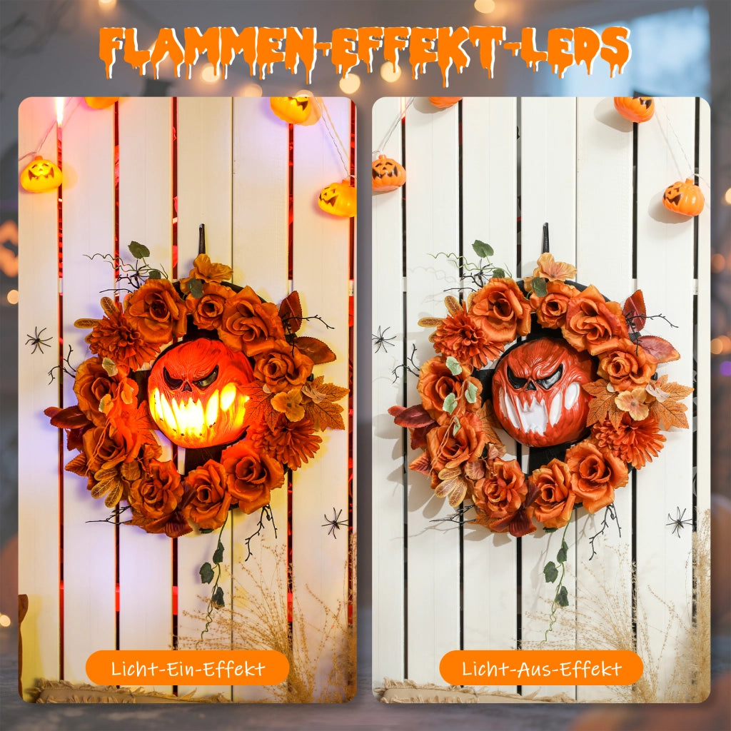 Corona Halloween ¨C zephmum ¨C Design Zucca Spaventosa, Foglie Autunnali, Luci, Plastica
