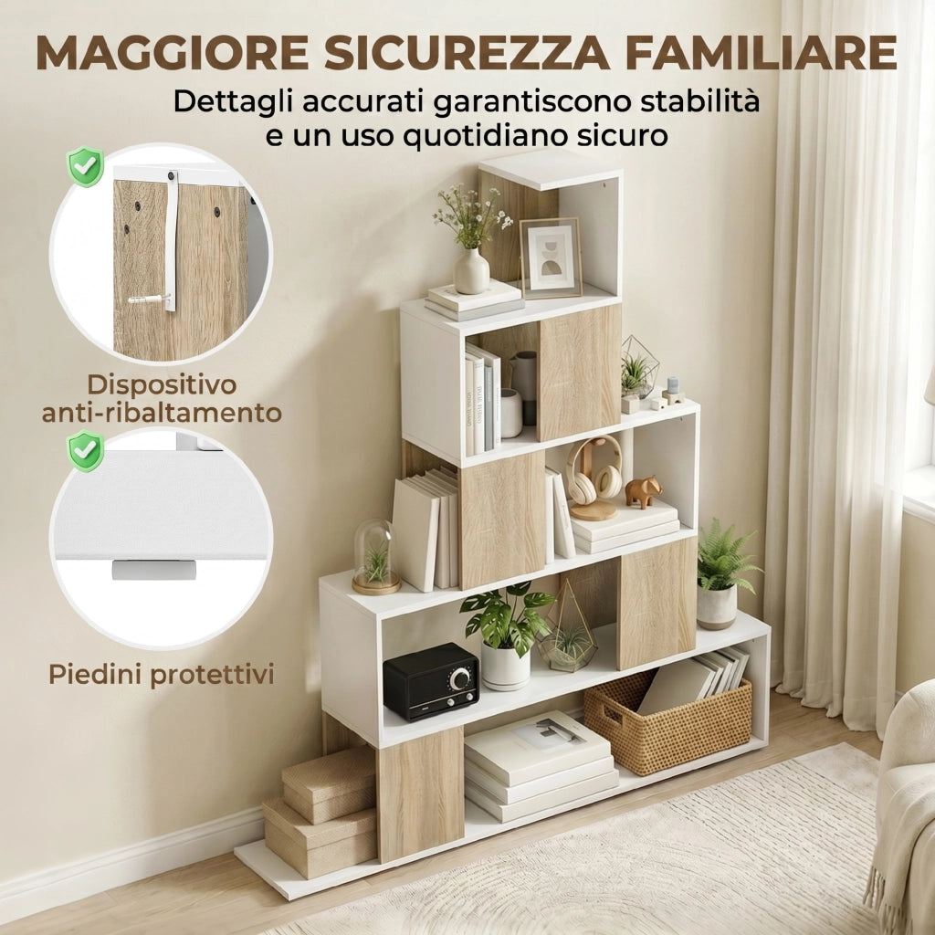 Libreria Moderna a 5 Ripiani con Design a Gradini, 120x22x131.5 cm, Bianco e Legno