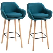 Set di 2 Sgabelli da Bar con Poggiapiedi e Braccioli, Design Scandinavo, in Legno Massiccio e Lino, Blu