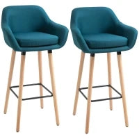 Set di 2 Sgabelli da Bar con Poggiapiedi e Braccioli, Design Scandinavo, in Legno Massiccio e Lino, Blu