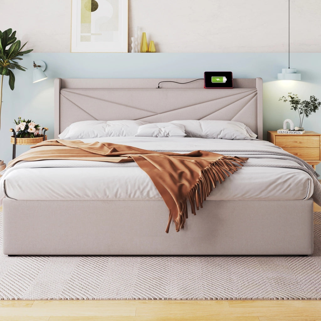 Letto matrimoniale 160x200 cm con contenitore; testiera con USB e Type-C; beige in cotone e lino