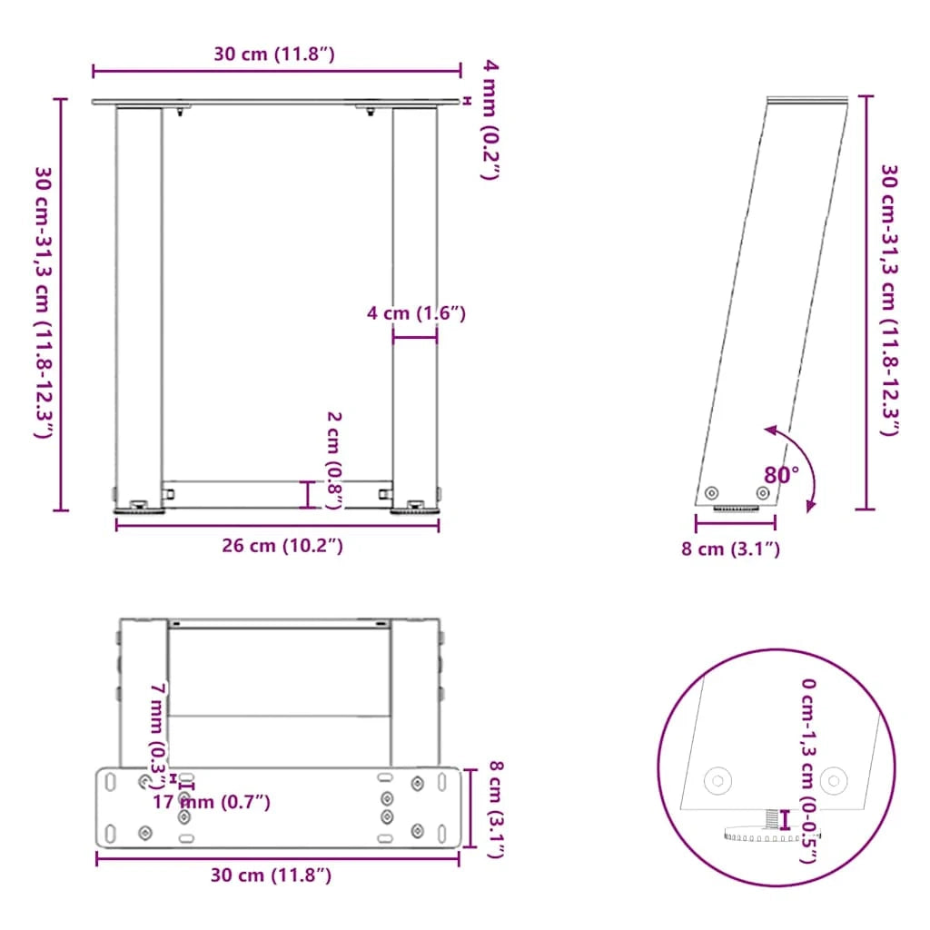 Set di 2 gambe per tavolino da caffè a forma di U dall'estetica moderna 30 x 30 cm con piedini regolabili in acciaio antracite 02_0057023