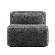 Canapé modulare senza braccioli con cuscino e pouf collegabile in tessuto peluche grigio per soggiorno ampio