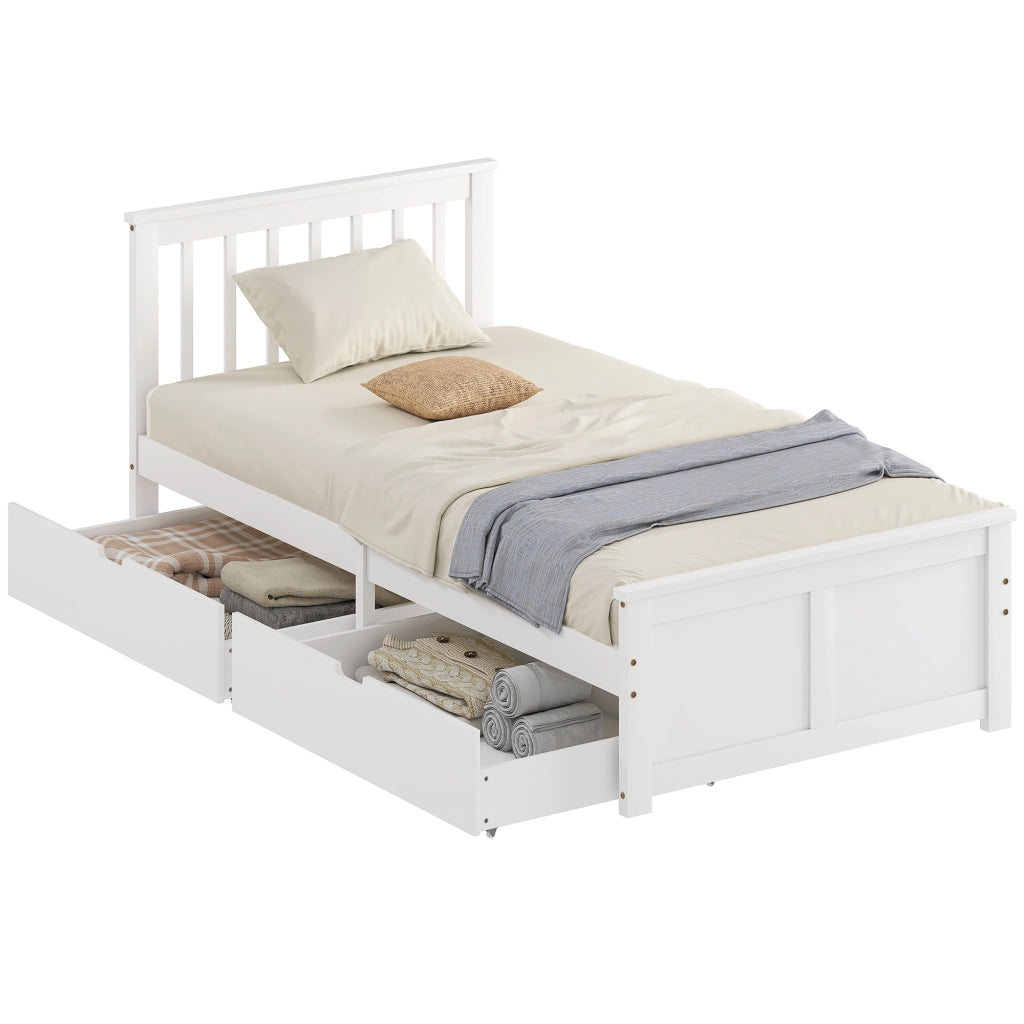 Letto Singolo in Legno Massello con 2 Cassetti e Testiera ¨C Zephmum ¨C 90x190 cm Bianco