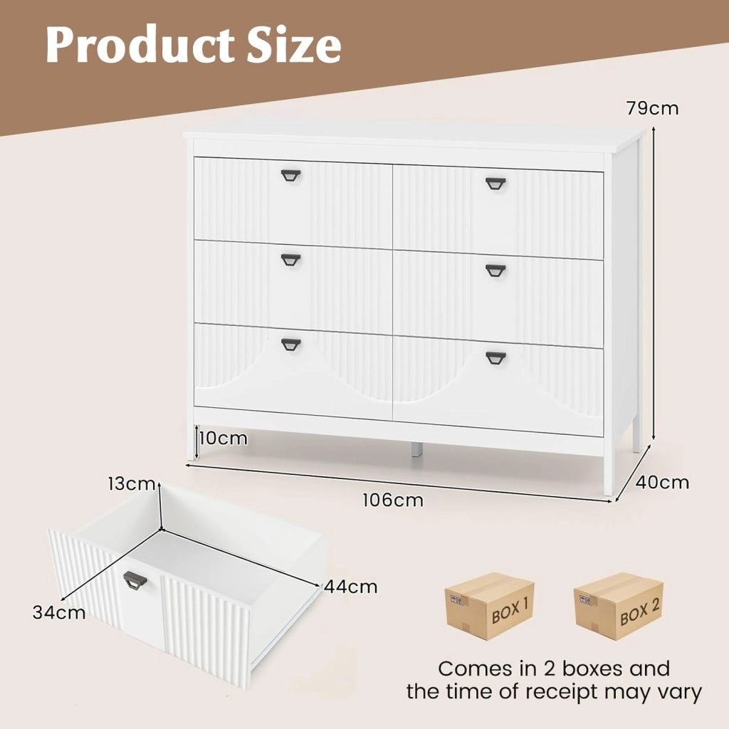Cassettiera in legno con 6 cassetti, mobile portaoggetti con kit antiribaltamento, 106 x 40 x 79 cm, aspetto elegante, cassettiera per camera da letto, soggiorno, ingresso, bianco