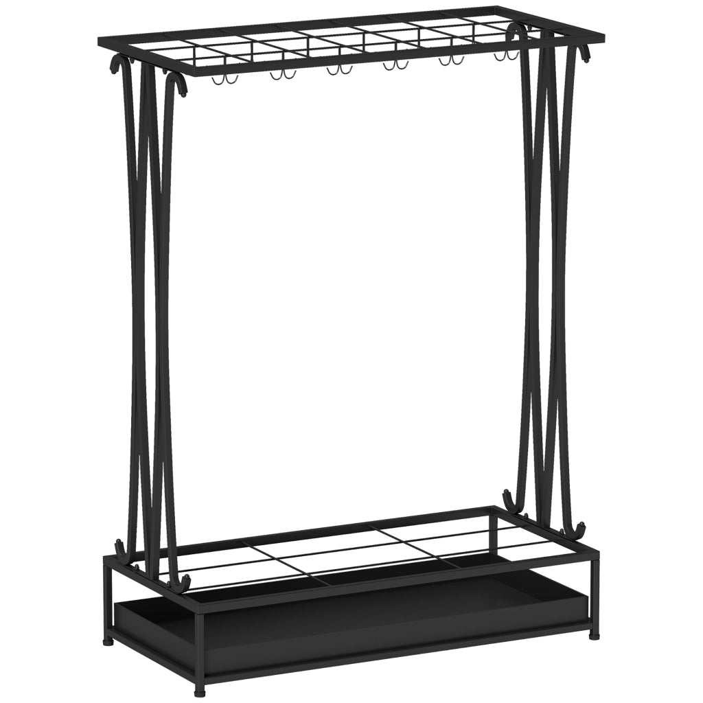Portaombrelli rettangolare in acciaio nero con vaschetta raccogligocce, 21 alloggi e 24 ganci, 50x24x68 cm