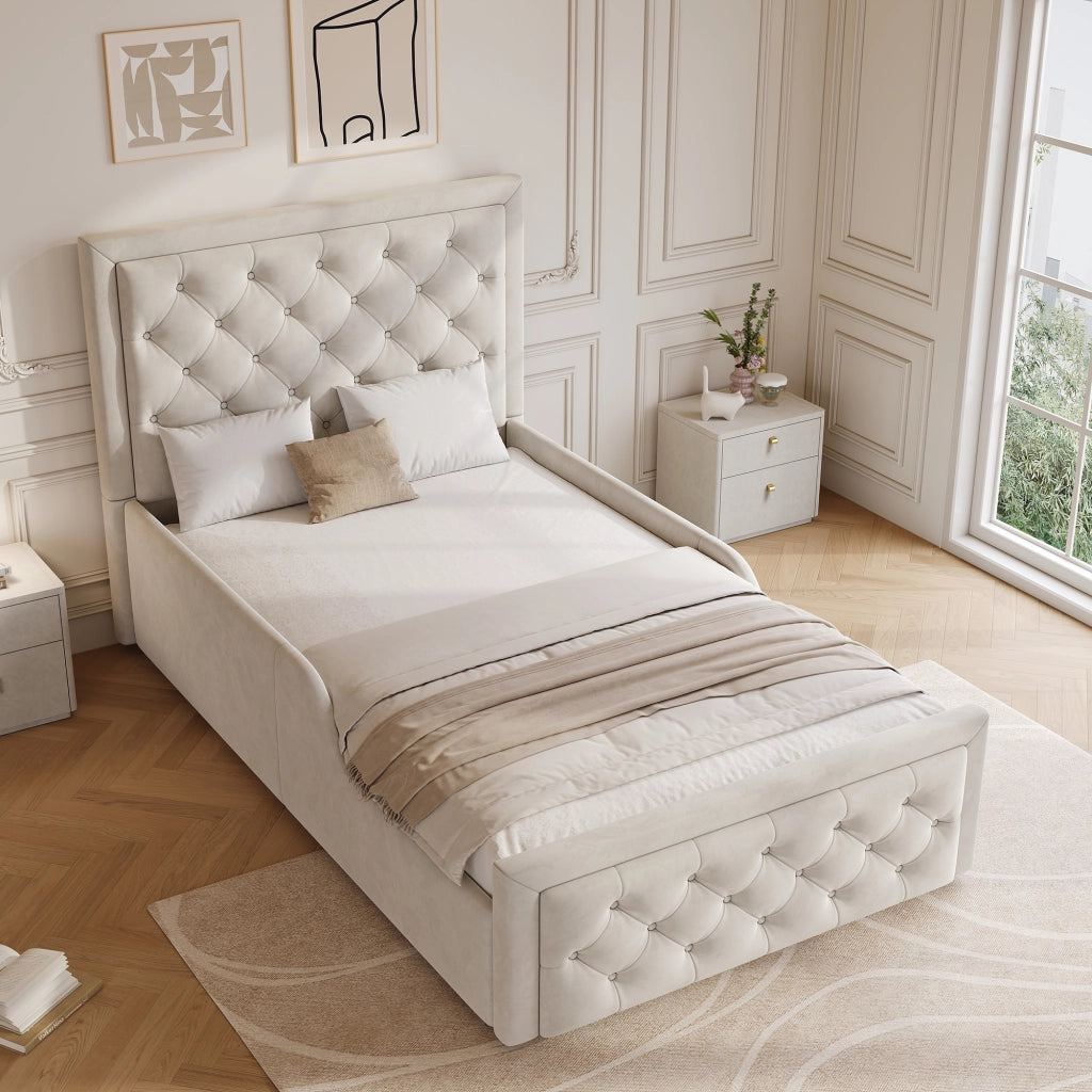 Letto Contenitore Singolo Imbottito ¨C MINIMAL ¨C Velluto Beige 90x200 con Rete a Doghe e Testiera