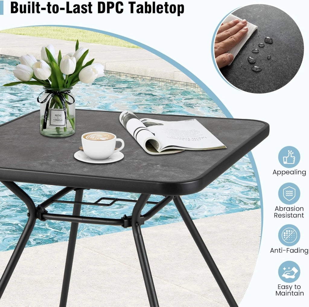 Tavolo da pranzo da giardino quadrato, 80 x 80 x 72,5 cm, con piano SPC e foro per ombrellone, struttura in metallo robusto, carico 100 kg, tavolo per balcone, patio
