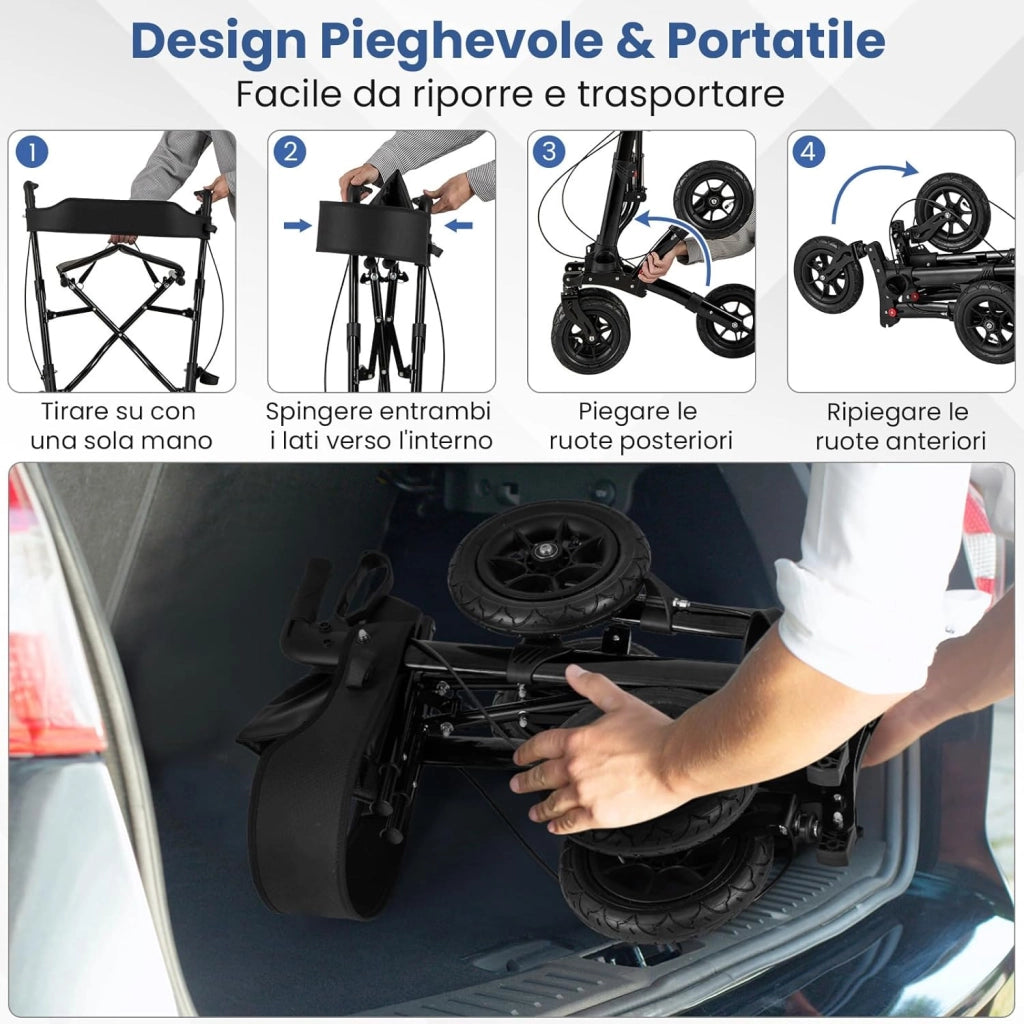 Deambulatore Pieghevole per Anziani in Alluminio, Rollator Regolabile in Altezza con Seduta, Schienale e Freni, Girello per Anziani con Borsetta, Carico Massimo 140 kg (Nero)