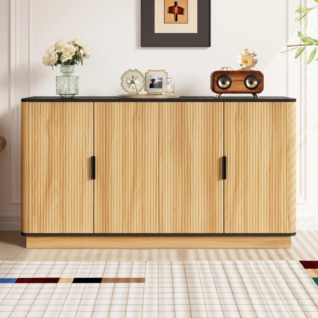 Credenza e madia a 4 ante con finitura effetto legno, maniglie in alluminio, per soggiorno, 139 × 40 × 75 cm