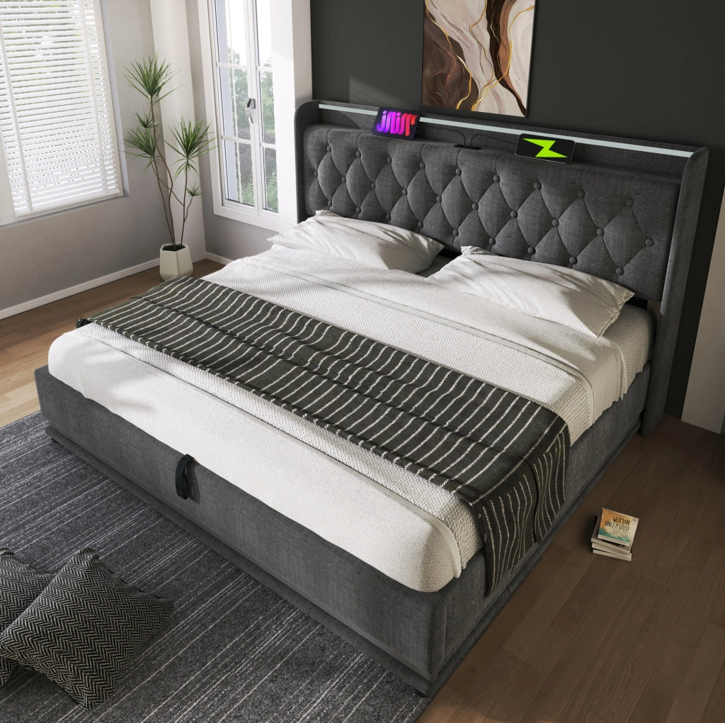 Letto matrimoniale contenitore LED 160x200 cm grigio con USB-C