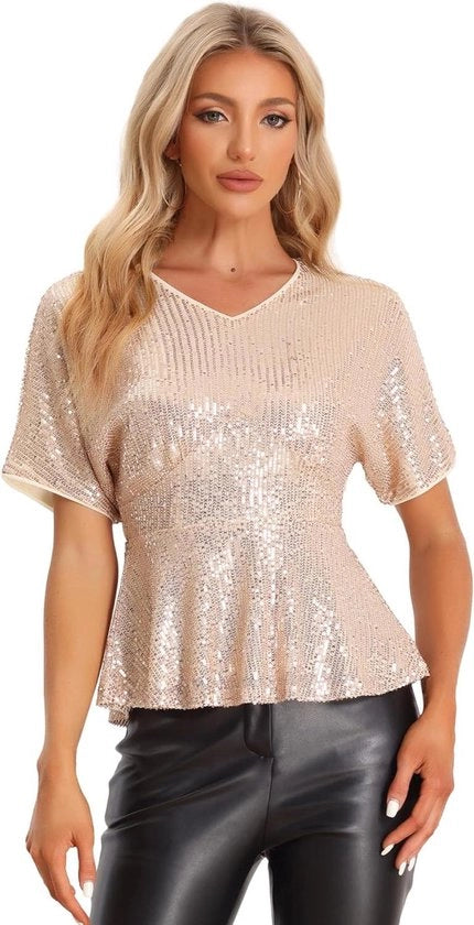 Blusa da donna con spalline a palline, maniche corte, collo a V e chiusura a zip - stile casual