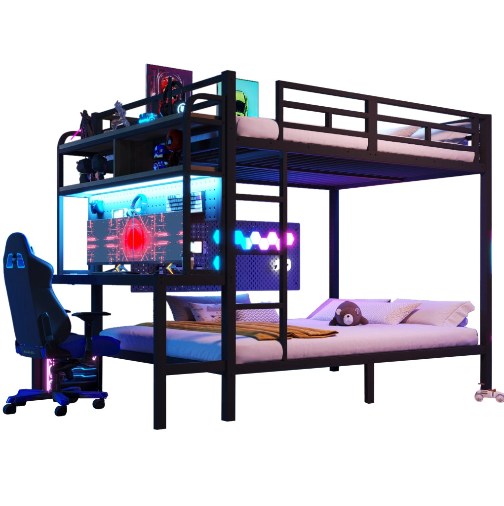 Letto a castello 140x200 cm in metallo e MDF; con scrivania; ripiani; LED e USB; nero
