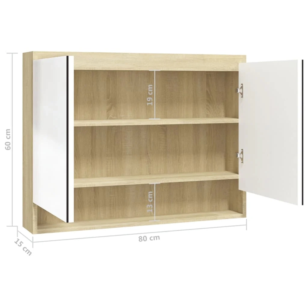 Mobiletto con specchio da bagno 80 x 15 x 60 cm bianco e rovere MDF 02_0006716