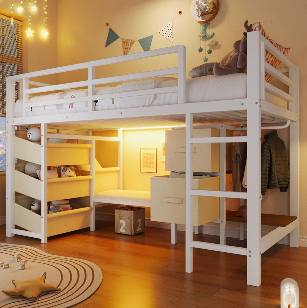 LETTO Semialto 90x200 cm Metallo Bianco con cuscino e contenitori in tessuto
