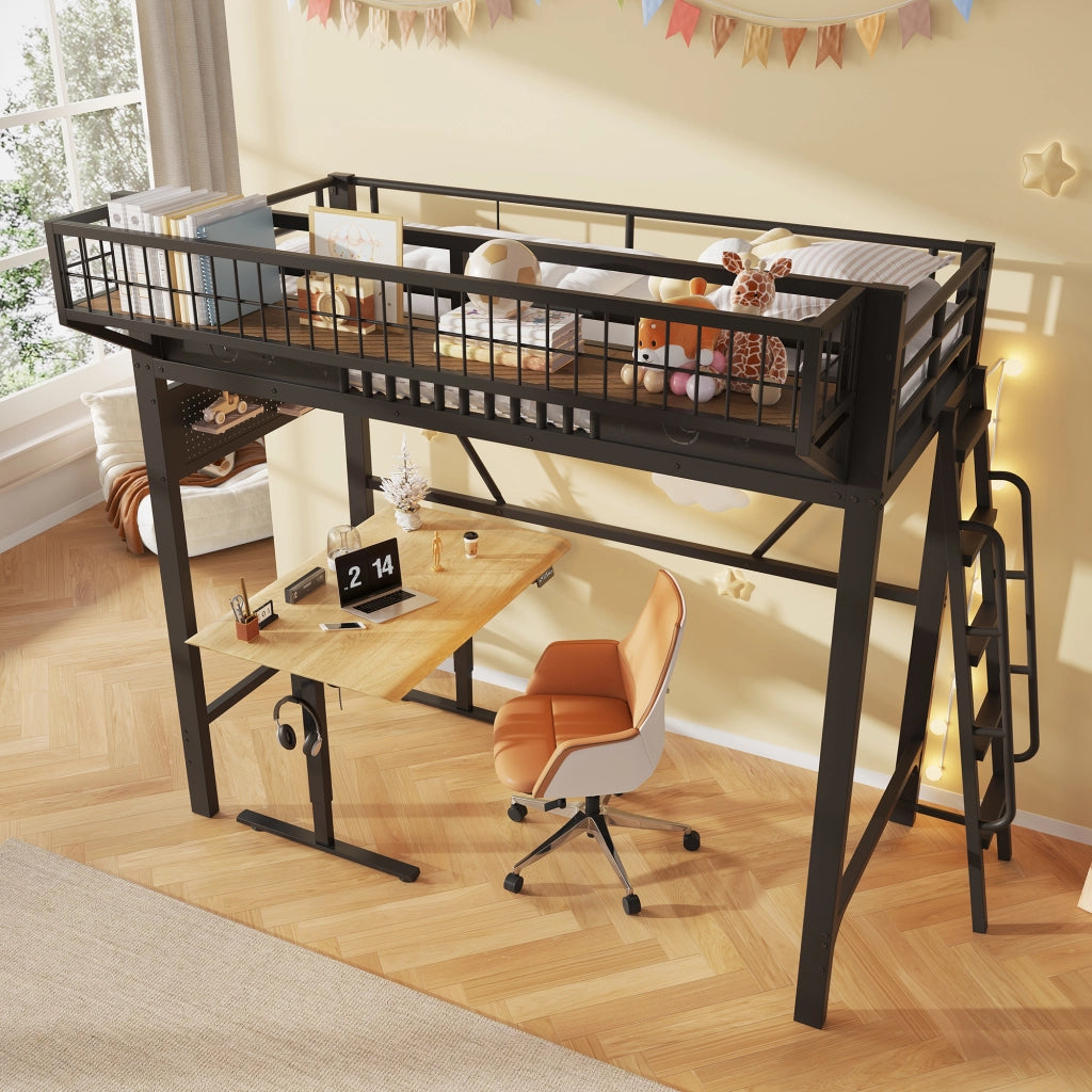 Letto a soppalco 90x200 cm per 2 persone, letto alto con ripiani portaoggetti e spazio aperto sottostante, metallo nero