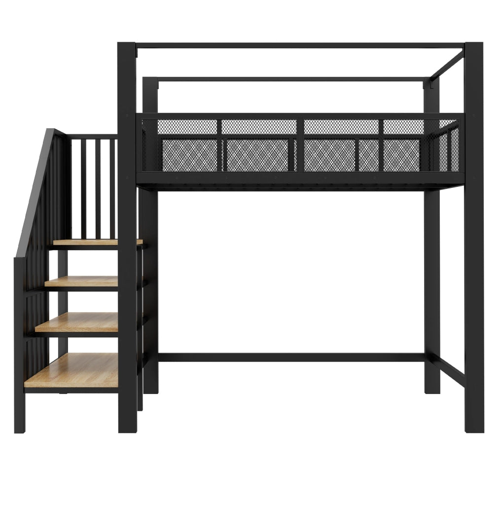 Letto a soppalco in metallo 90x200 cm con scala contenitore e tenda; nero
