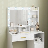 Tavolo da Trucco con Specchio e 10 Luci LED, Luminosità Regolabile, Cassetto, Armadietto e Mensole Aperte, 80x40x135cm, Bianco