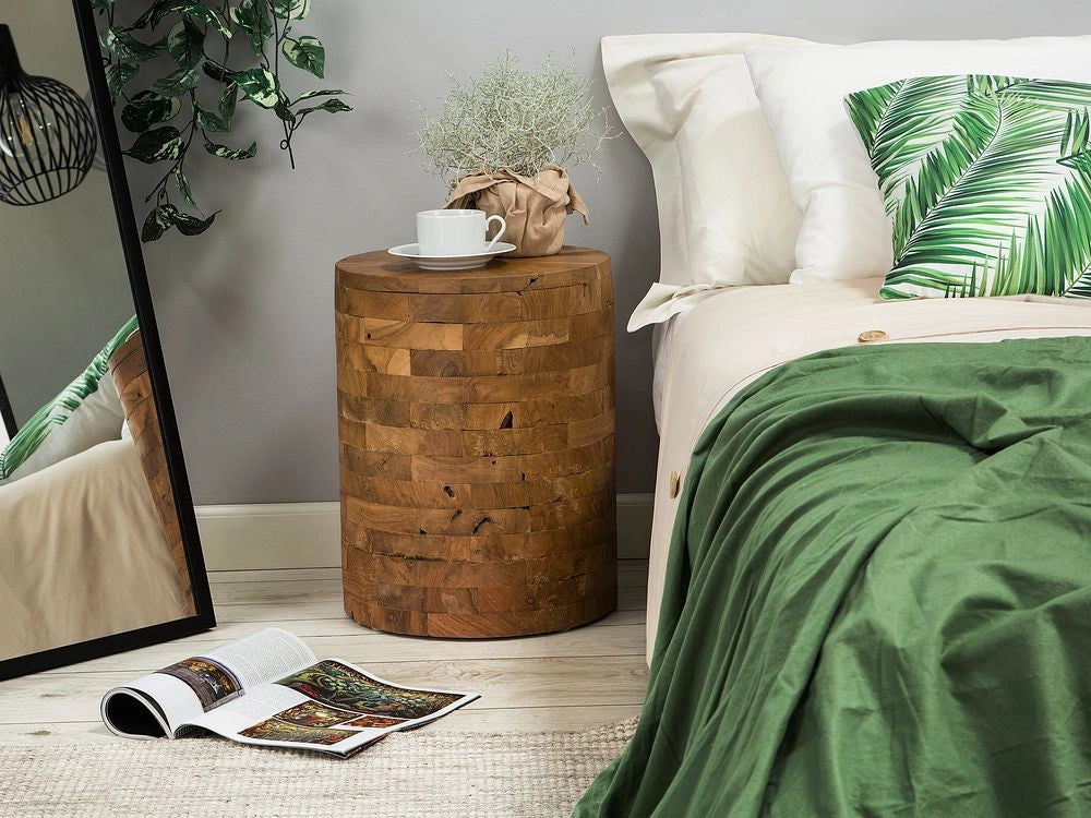 Comodino con cilindrico in stile rustico in legno di teak moderno