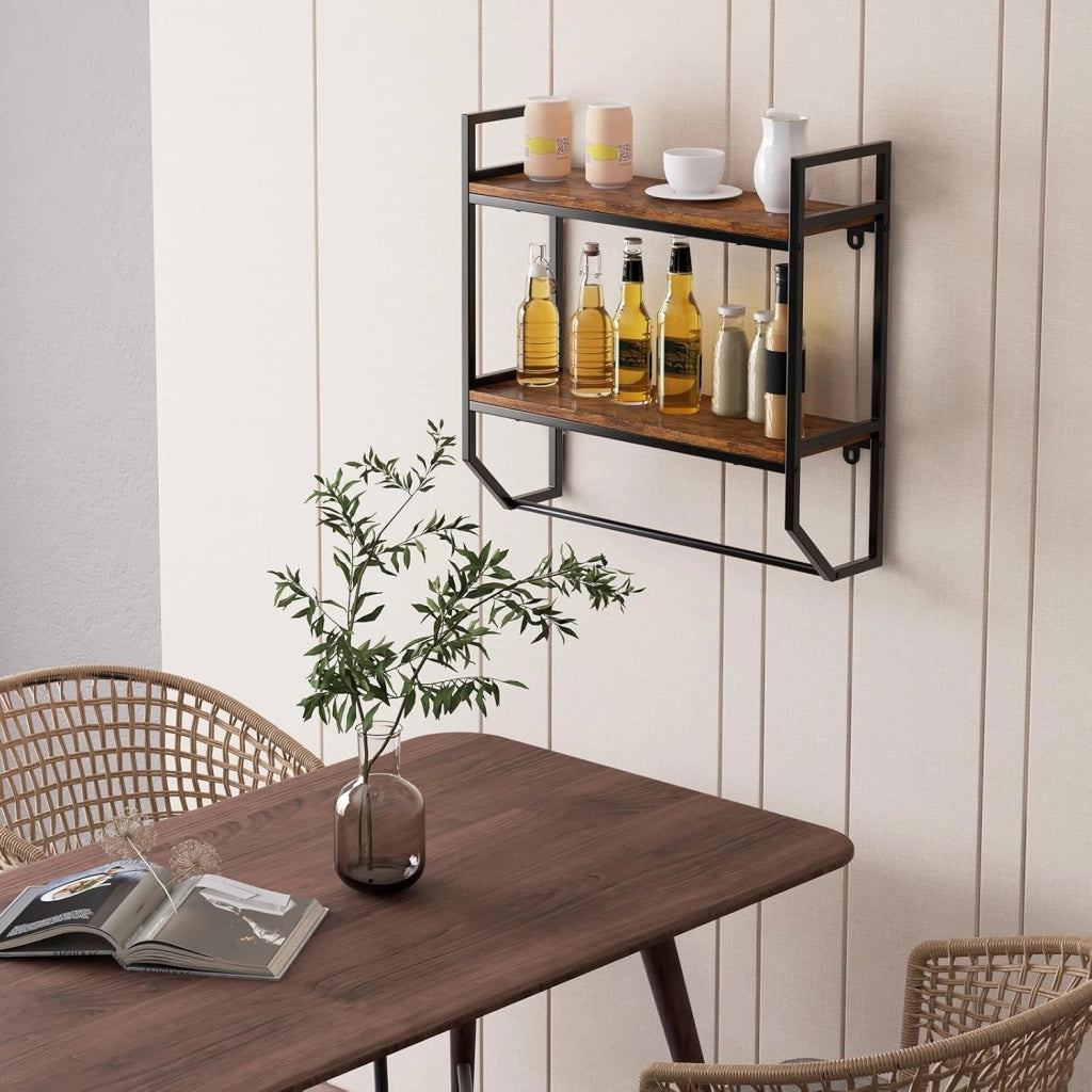 Scaffale a Muro 2 Livelli, Mensole a Parete con Barra Porta Asciugamani e Telaio in Metallo, Scaffale da Parete per Bagno Soggiorno Cucina, Stile Industriale, 59x20x58 cm