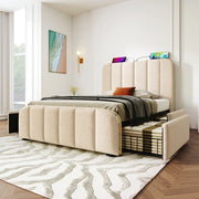 Letto singolo 90¡Á200 cm, imbottito, con presa USB/Type-C per la ricarica, 4 cassetti, beige