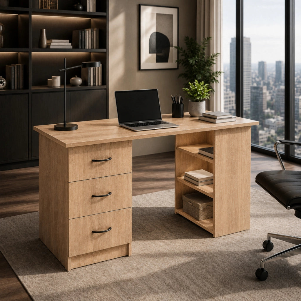 Scrivania Moderna Con 3 Cassetti E 3 Vani A Giorno Scrittoio Struttura In MDF Resistente Design Minimal Ideale Per Ufficio Studio Cameretta E Smart Working 120 x 49 x 72 Cm Rovere