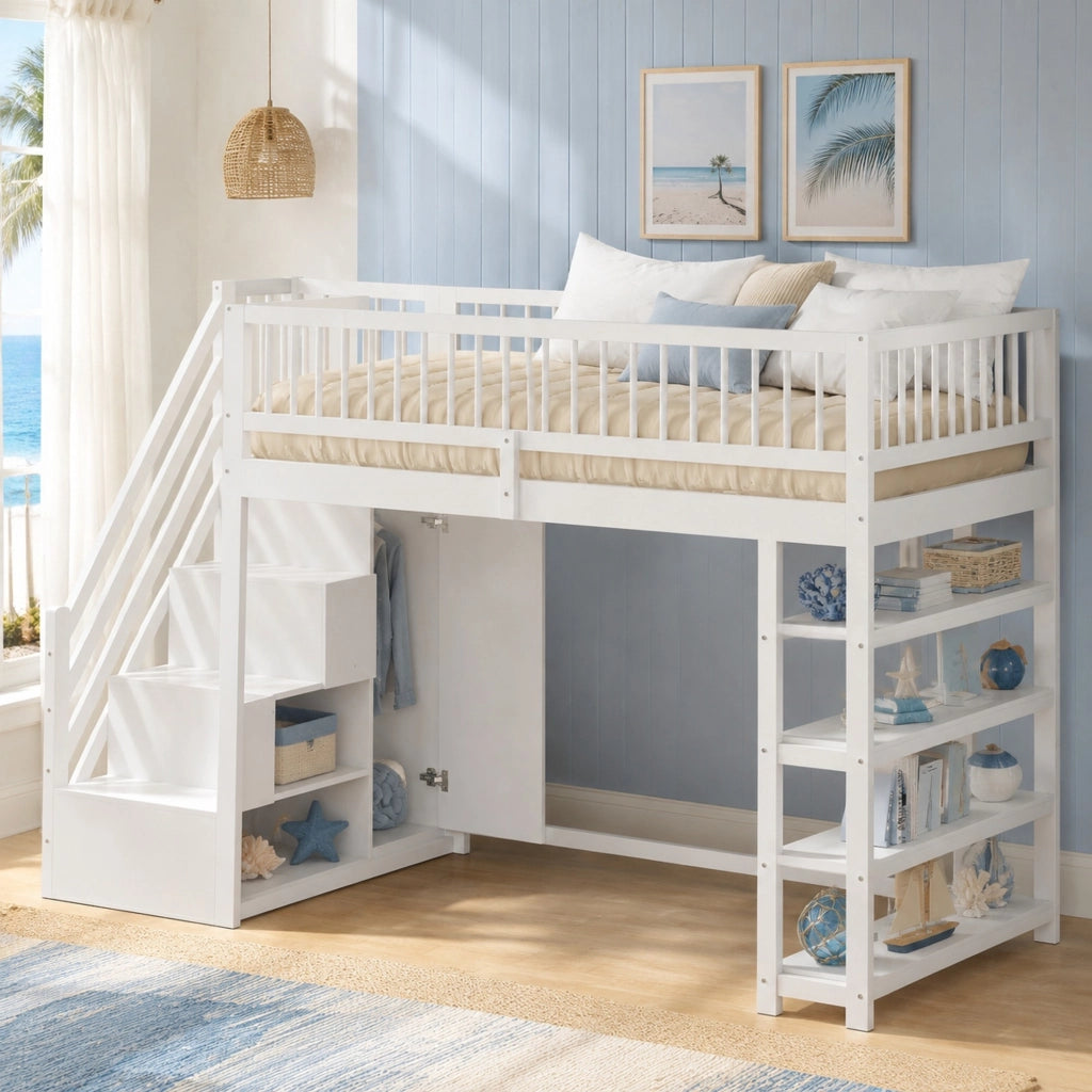 DESMIU Letto a soppalco Letto singolo 1 posto con armadio, scaffali e vano contenitore 90 × 200 cm, senza materasso
