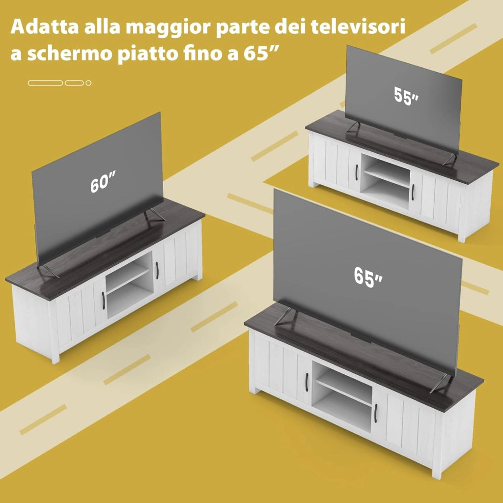Mobile TV con 2 Ante per TV fino a 65", Mobile Porta TV in Legno con Ripiani Aperti, Mobile per TV in Legno per Soggiorno, 145 x 39,5 x 49,5 cm (Grigio Scuro)