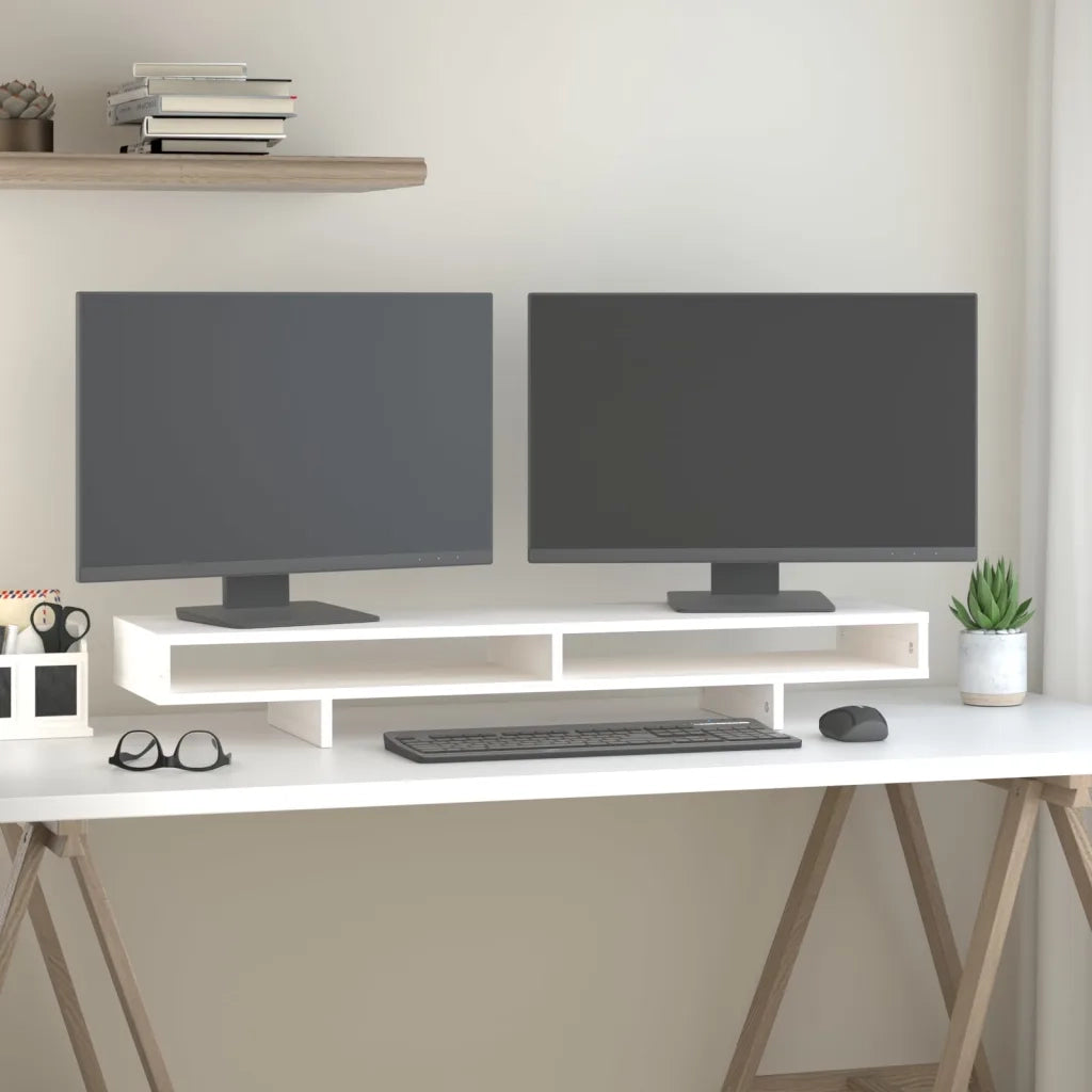 Supporto per Monitor Bianco 100x27x14 cm Legno Massello di Pino 814005