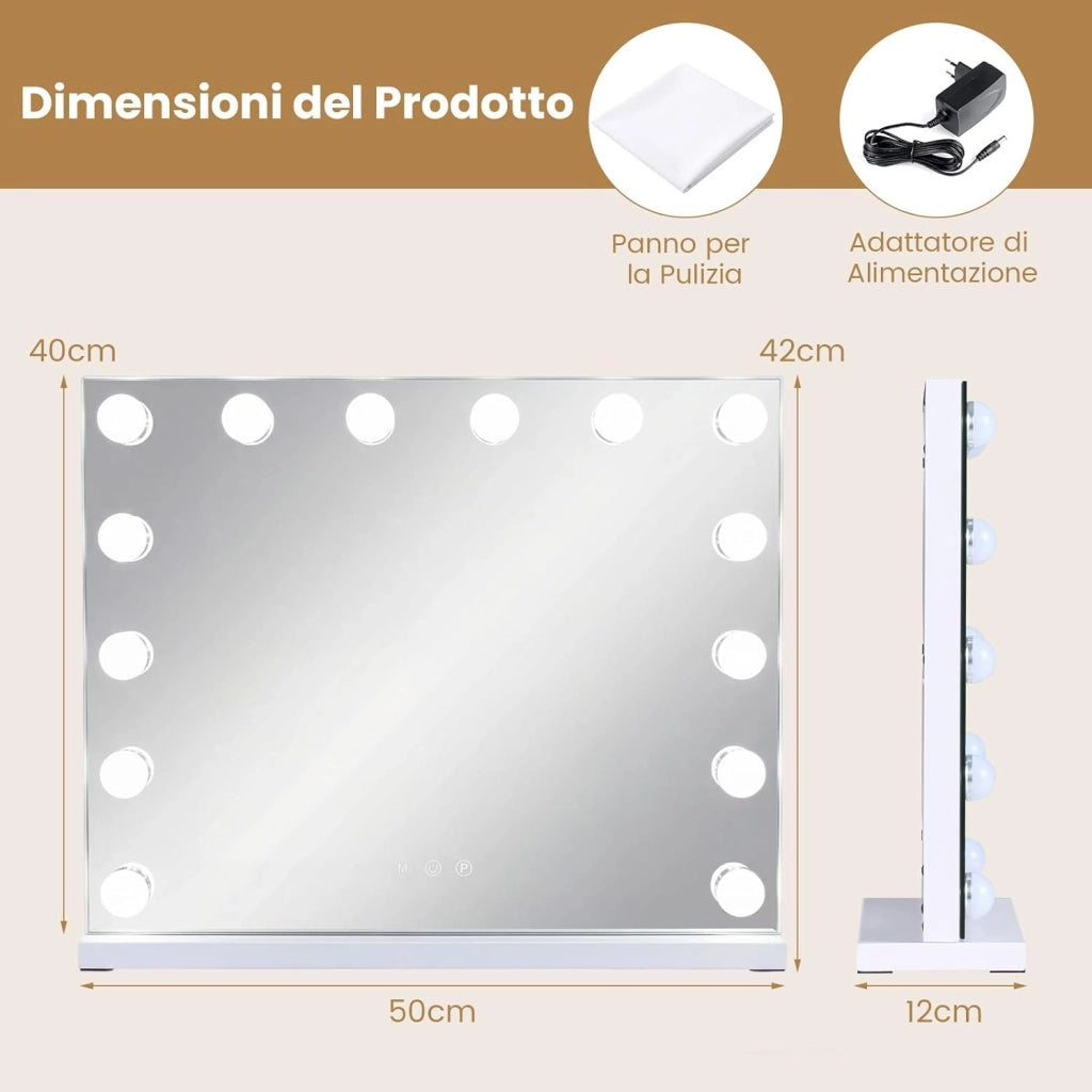 Specchio per Trucco Illuminato, Specchio da Tavolo con 14 Luci LED e Specchio con Ingrandimento 5X, Specchio da Toeletta con 3 Colori e Luminosità Regolabile, 50x43 cm