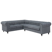 Chesterfield Divano ad angolo in tessuto versione destra Rivestimento in tessuto grigio Gambe in legno scuro Chaise 6 posti contemporanea
