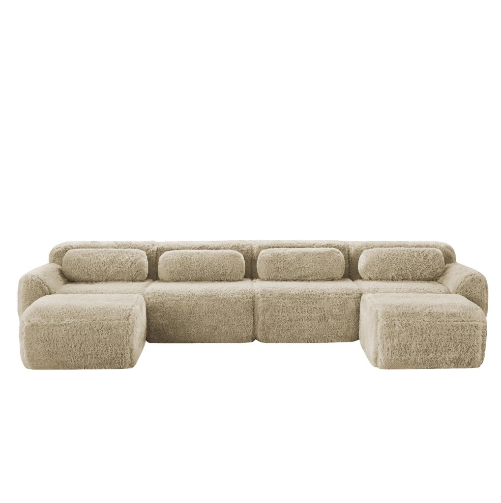Divano modulare a U senza montaggio in tessuto plush; kaki chiaro
