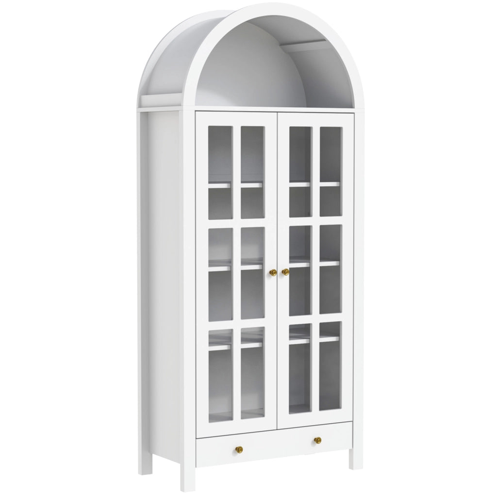 Vetrina alta ad arco 75x35x170;5 cm in MDF bianco con ante in acrilico trasparente e cassetto