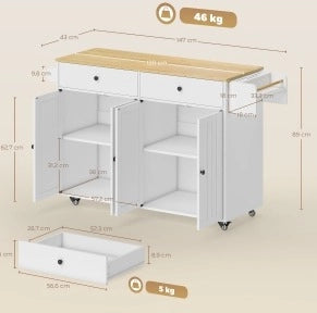 Isola da cucina mobile bianca con cassetti, armadietti e ripiani