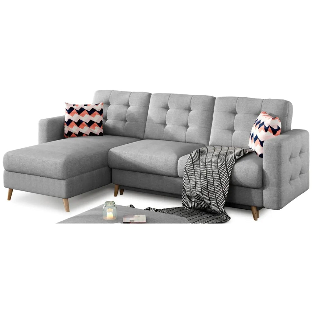 Divano ad angolo convertibile HASGARD 3 posti grigio 248x162 cm - con contenitore e piedi in legno