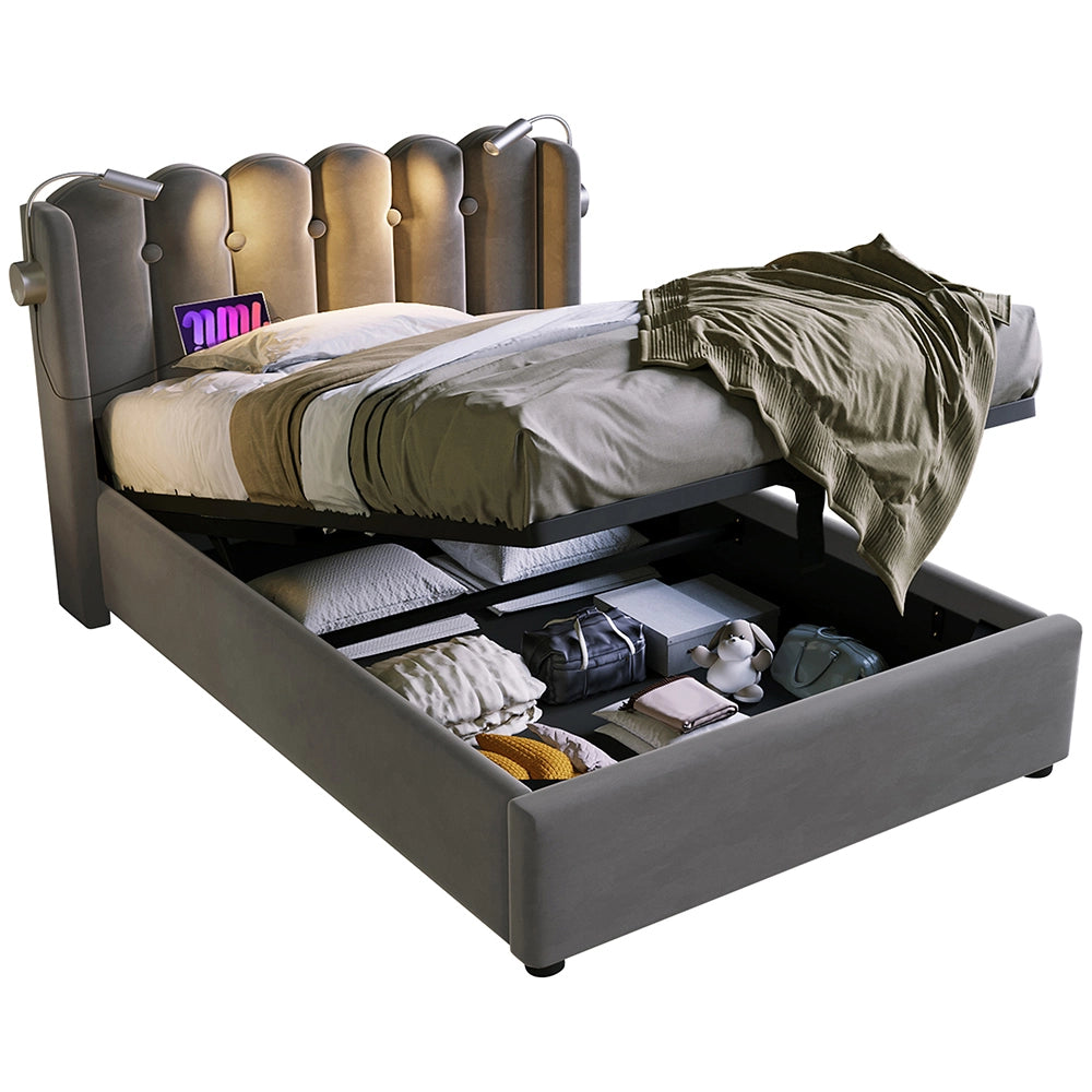 Lit semplice imbottito con testiera - Xylo - 90x200 cm - Grigio - Spazio di archiviazione