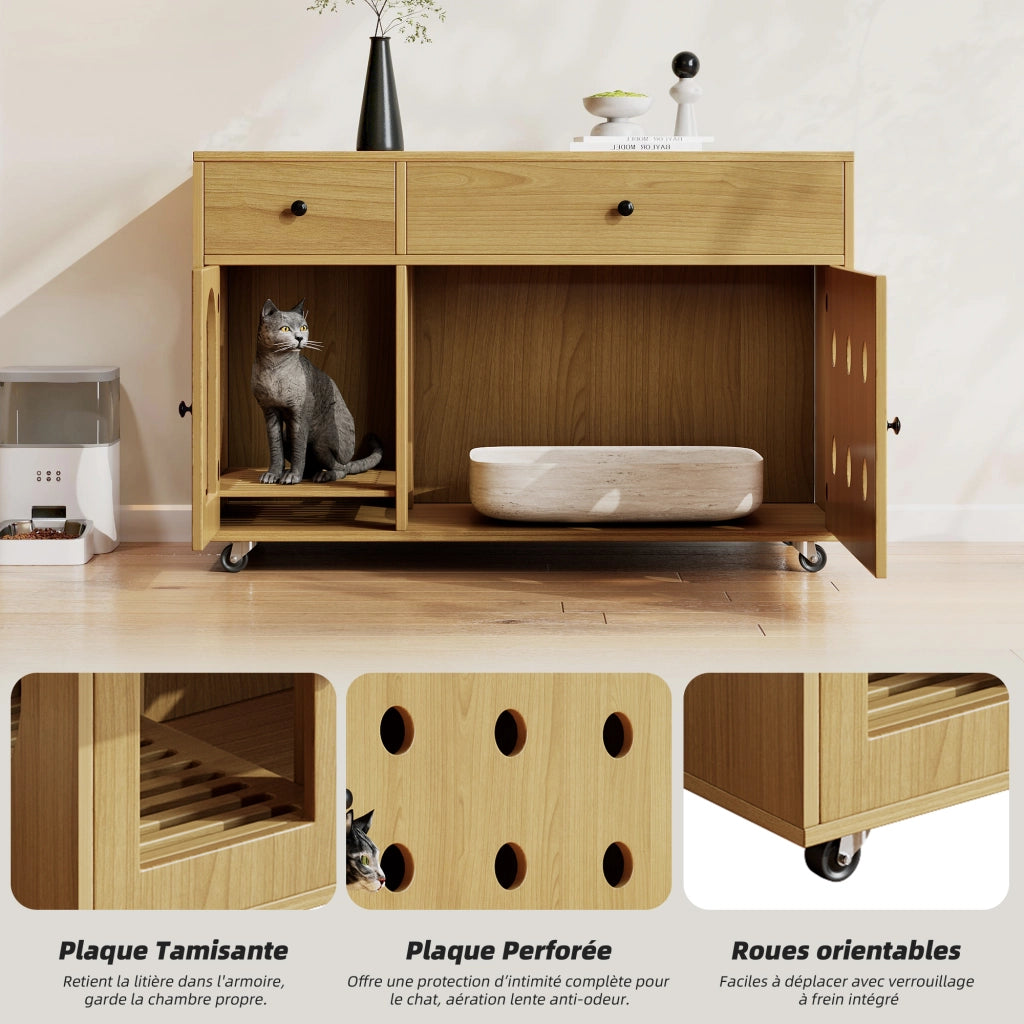Mobile coperto per lettiera per gatti con 2 cassetti e ripiano superiore, per soggiorno, in MDF, naturale, 100 × 45 × 66 cm