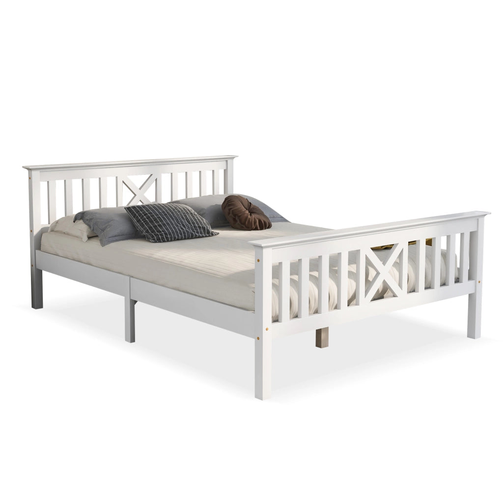 Letto Matrimoniale 140 x 200 cm con Testiera a X e Doghe Integrate; senza Materasso; in Legno Massello; Bianco