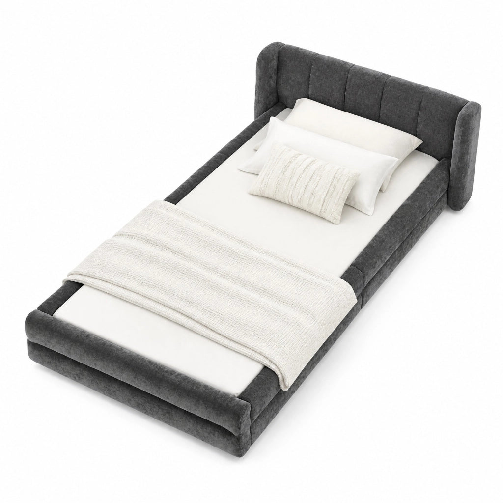 Letto singolo 90x200 cm in tessuto Chenille; testiera ergonomica; grigio scuro