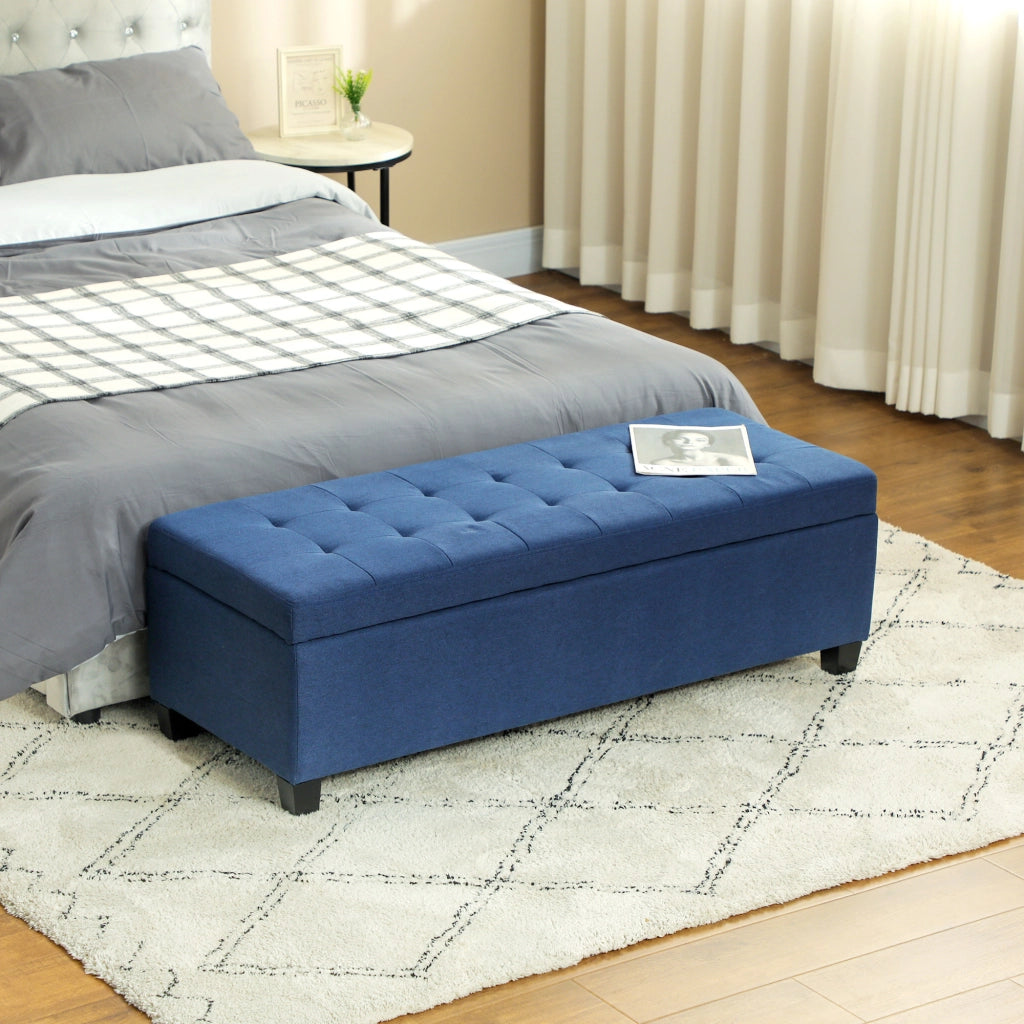 Bancale contenitore imbottito con schienale ¨C zephmum ¨C blu, tessuto, legno, 125x49x41,5 cm