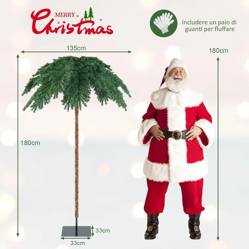 Albero di Natale da 180 cm, Albero di Natale con Luci e a Forma di Palma, con 250 Luci LED Bianco Caldo, 813 Rami, Struttura a Cerniera e Supporto, Ideale per Casa e Negozio