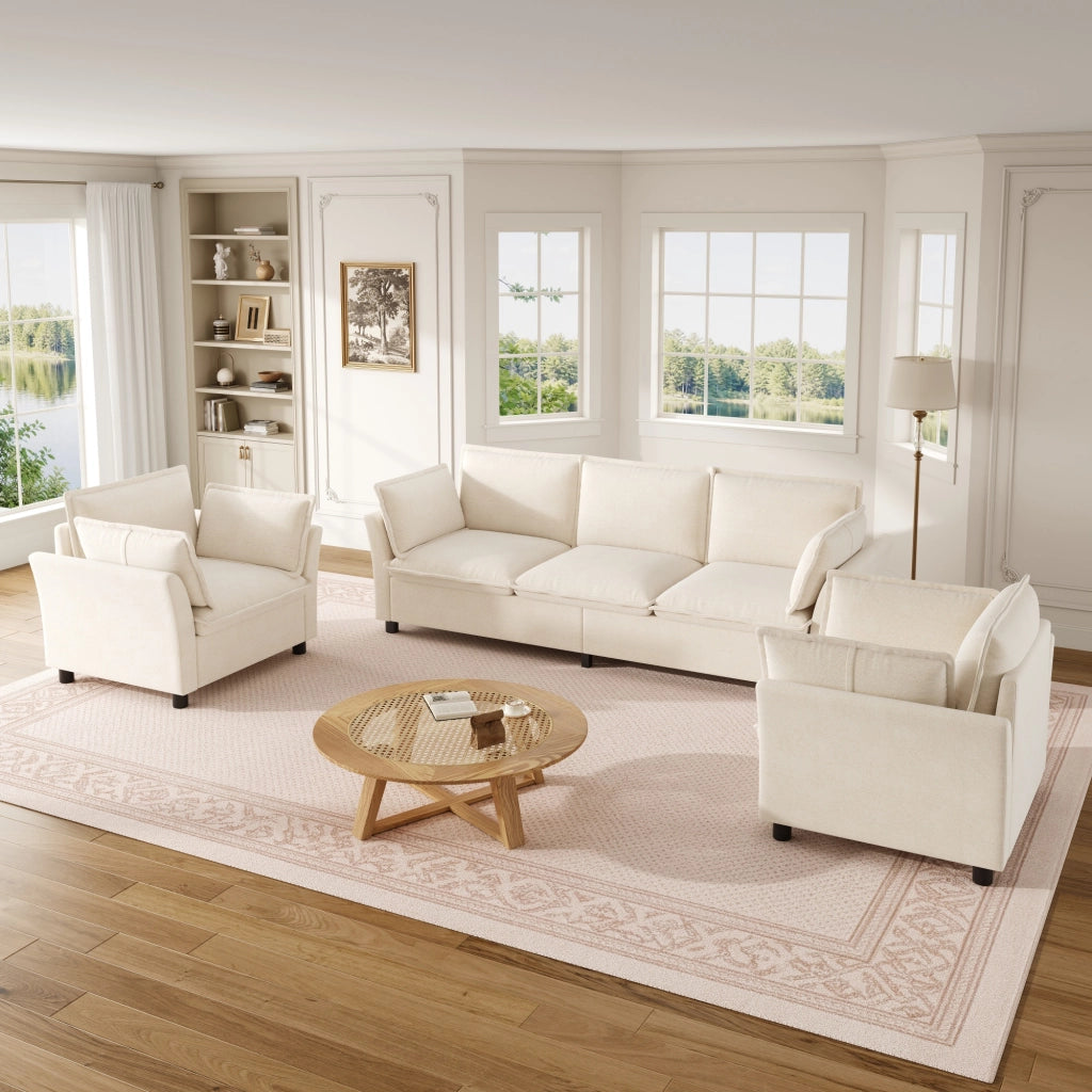 Divano modulare 3 posti con 2 poltrone e cuscini; in chenille beige
