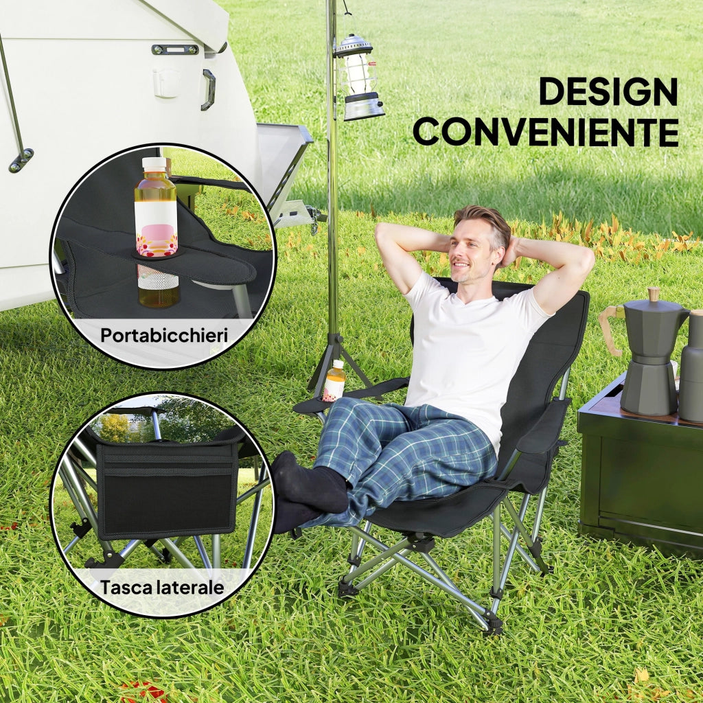 Sedia da Campeggio Pieghevole e Reclinabile con Accessori Nero