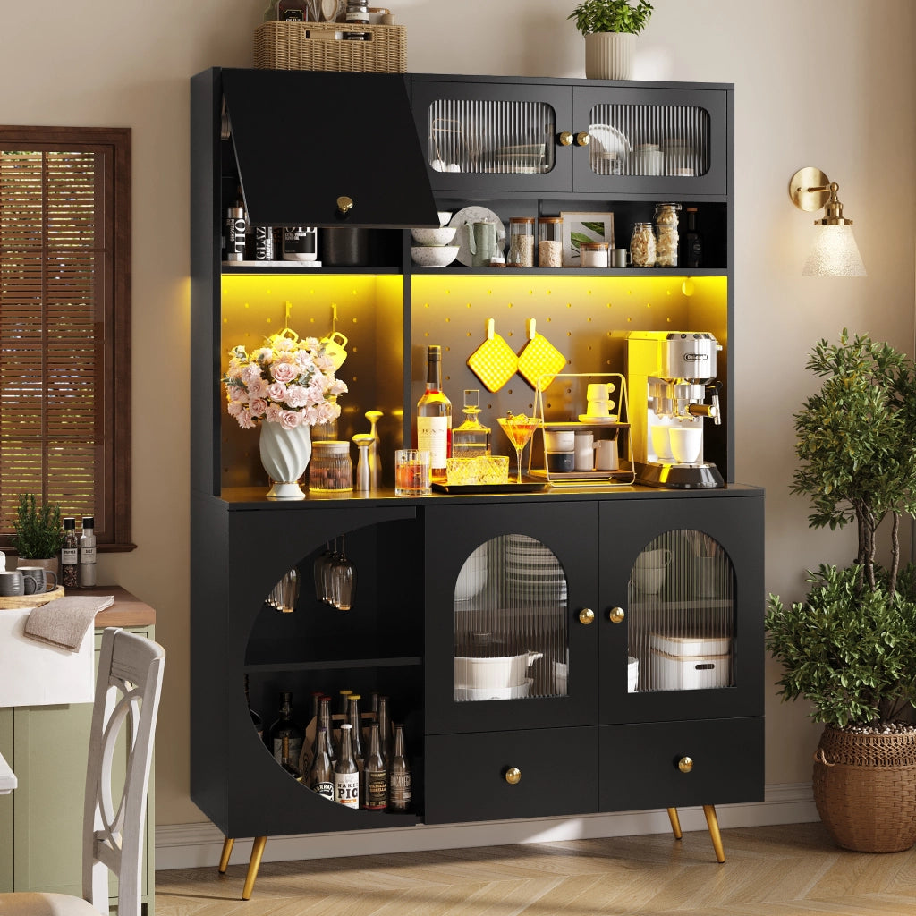 ARMADIO ALTO 120x40x176 cm Nero in MDF e vetro con LED, prese USB
