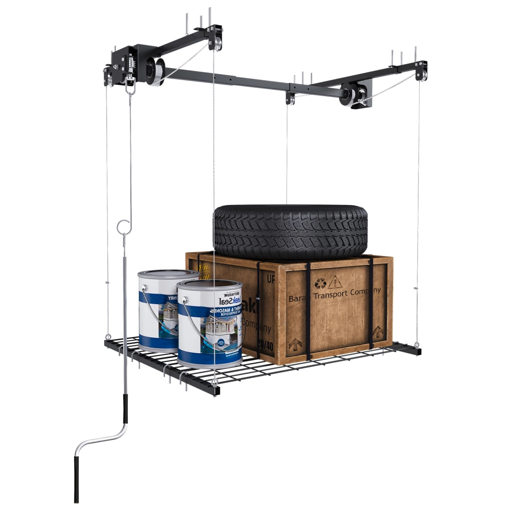 Scaffale da garage con sistema a manovella e blocco manuale per montaggio a soffitto; acciaio; nero; 120×120 cm