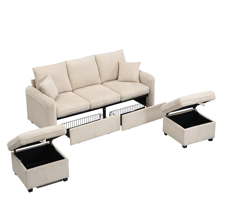 Divano modulare 3 posti con 2 pouf contenitore, funzione letto, cord beige