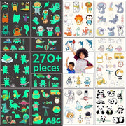 Tatuaggi per Bambini - 270+ Tatuaggi Illuminanti - Adesivi per Tatuaggio Temporanei - Pelle Amichevoli - Set di 12 Fogli - Incluso Spugna per Pulizia - Ideale Regalo per Feste di Compleanno